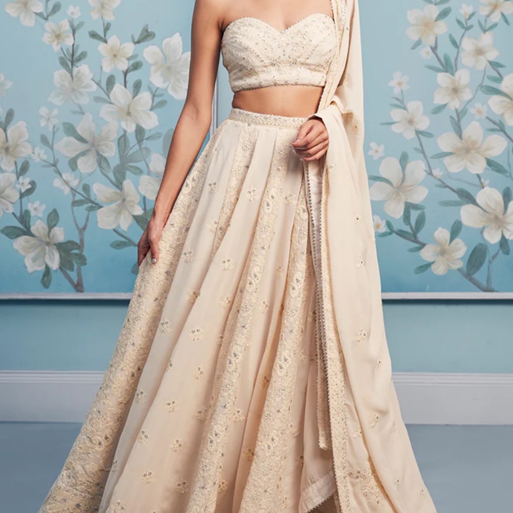 Golden Cream Thread Embroidered Lehenga